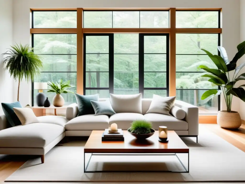 Salón minimalista sereno con equilibrio moderno-tradicional y Feng Shui Un salón minimalista y sereno con equilibrio entre lo moderno y tradicional, reflejando el Feng Shui realidad virtual hogar