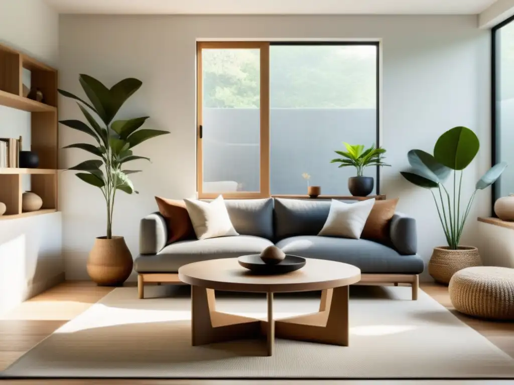 Un salón minimalista y sereno con decoración étnica y principios de Feng Shui, iluminado por luz natural a través de gran ventana