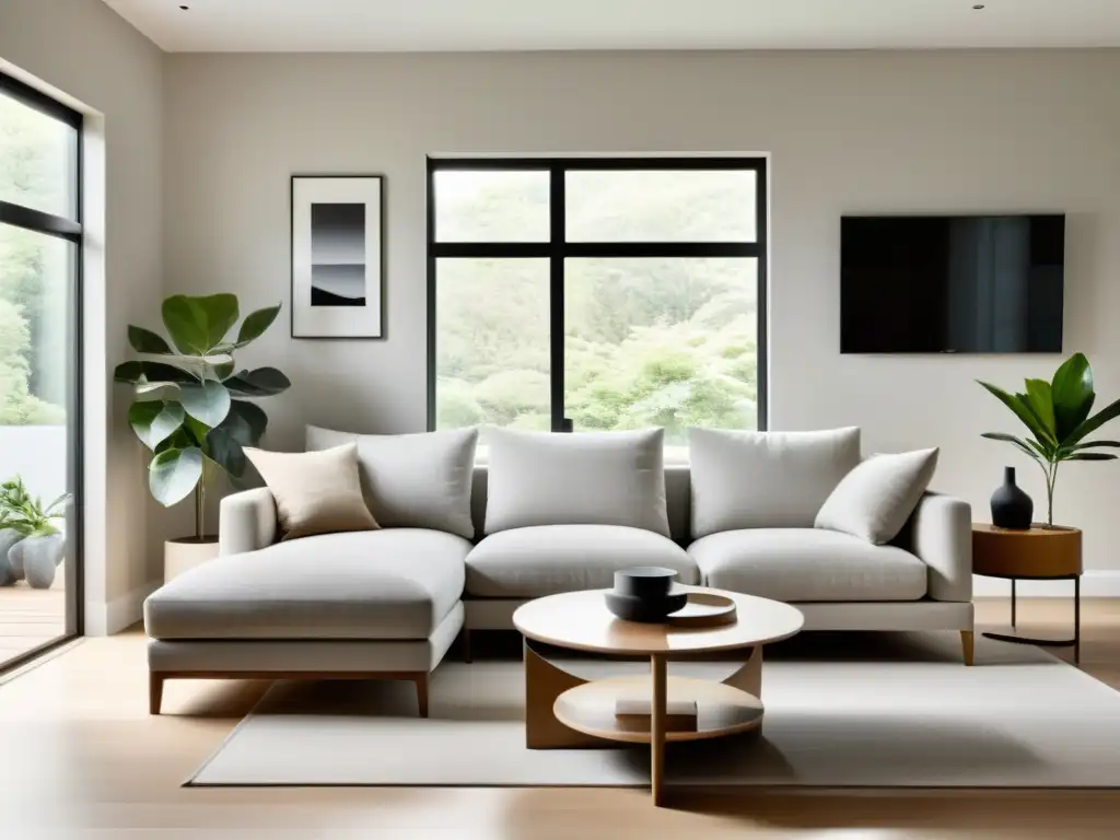 Salón minimalista y sereno con armonización hogar energía Feng Shui, muebles equilibrados, luz natural y paleta de colores tranquilos