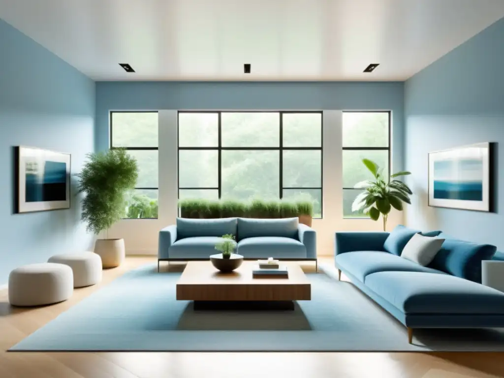 Un salón minimalista y sereno con orientación Feng Shui, inundado de luz natural y colores relajantes