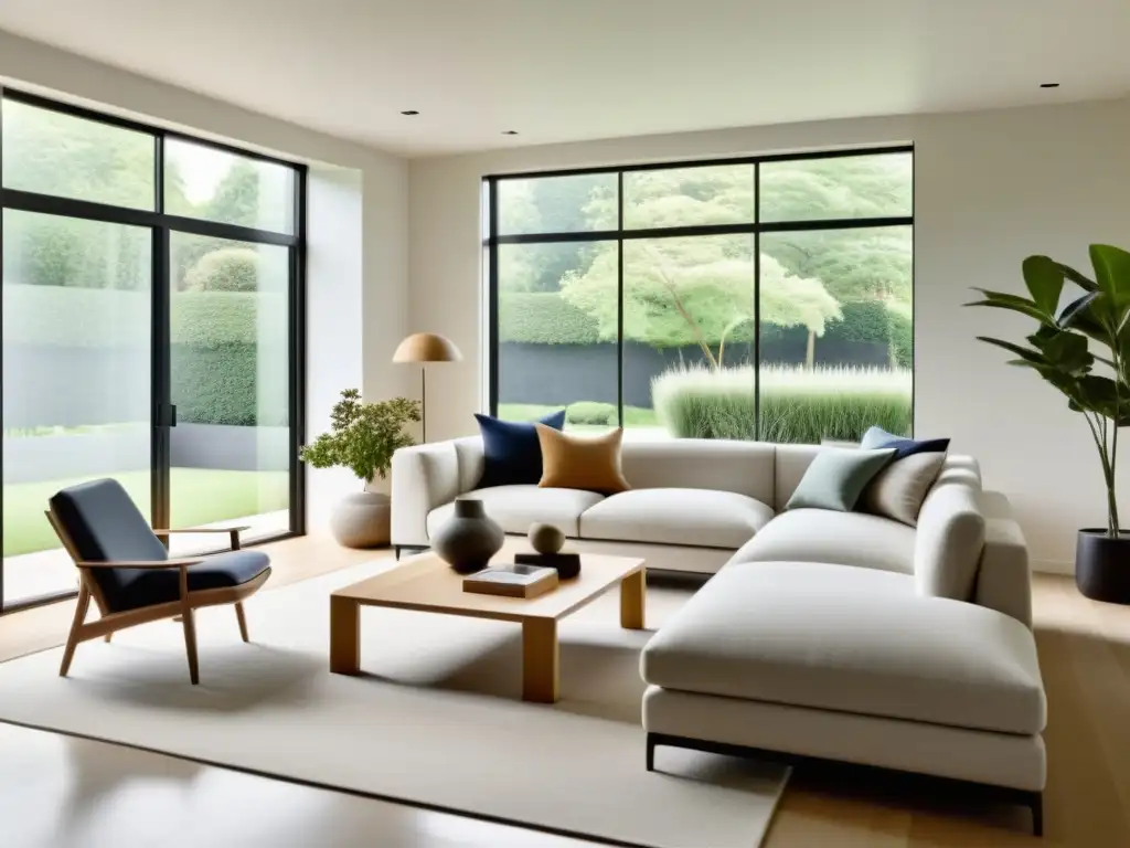 Salón minimalista y sereno en Feng Shui, con líneas limpias, colores neutros y mucha luz natural