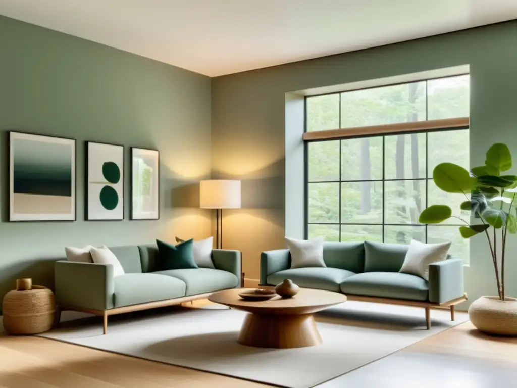 Salón minimalista sereno y equilibrado con luz natural Un salón minimalista y sereno, con líneas limpias y materiales naturales