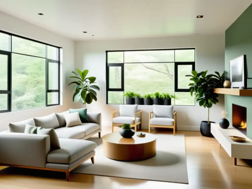 Salón minimalista sereno con luz natural y equilibrio, invitando a depurar hogar con Feng Shui