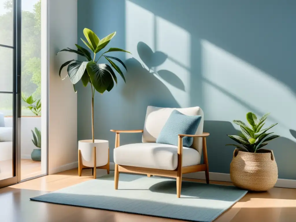 Un salón minimalista y sereno con luz natural, muebles limpios y relajantes tonos blancos, azules y verdes, invita a la reflexión y la tranquilidad