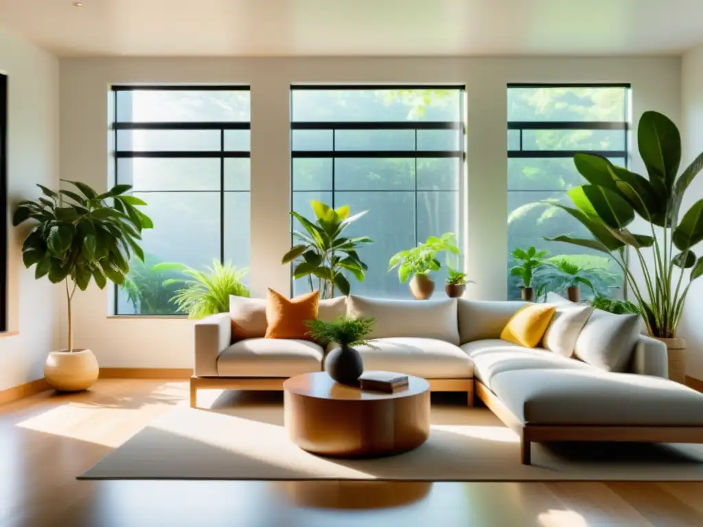 Un salón minimalista y sereno con luz solar, plantas y muebles de madera según el Feng Shui para eficiencia energética