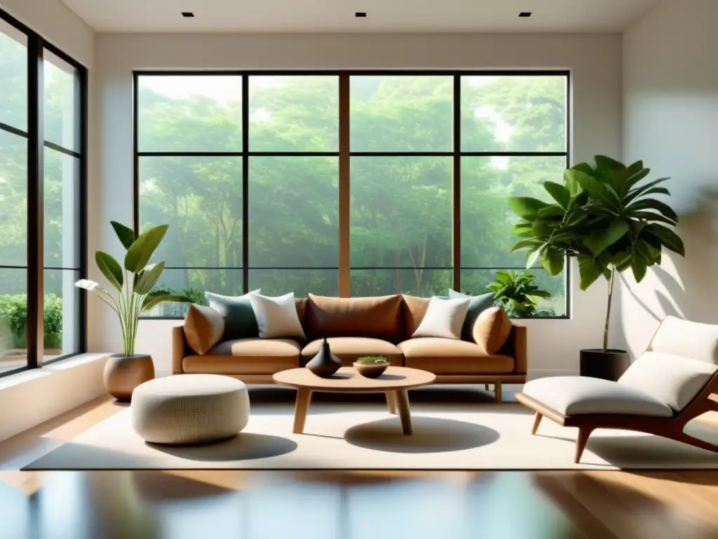 Un salón minimalista y sereno con luz natural, plantas, muebles de madera y espejos estratégicamente colocados para el flujo de energía positiva