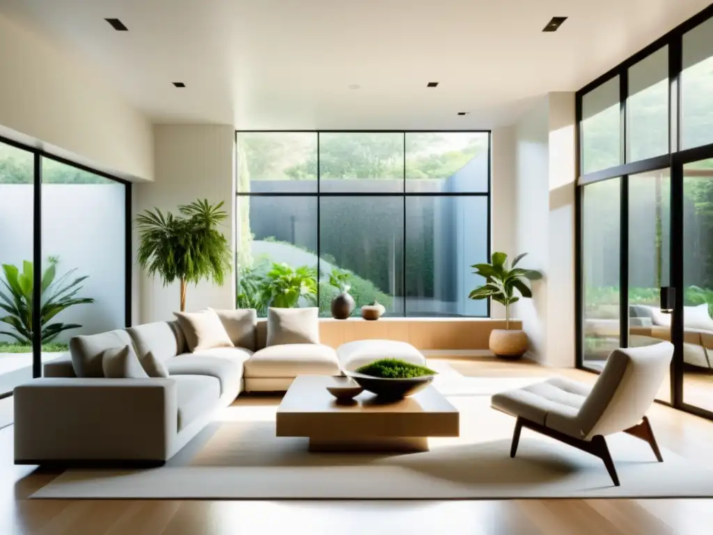 Salón minimalista y sereno con energía equilibrada Un salón minimalista y sereno con luz natural, equilibrio y elementos de feng shui