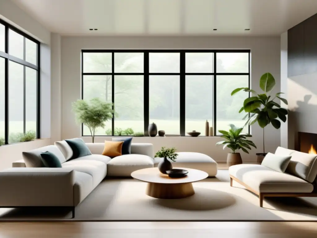 Un salón minimalista y sereno con luz natural y decoración terrosa, integrando el Feng Shui y energías renovables