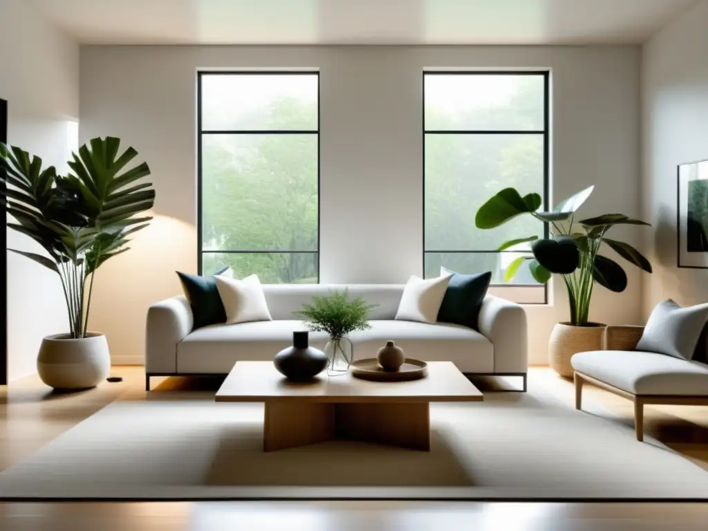 Un salón minimalista y sereno, con luz natural, plantas y muebles seleccionados