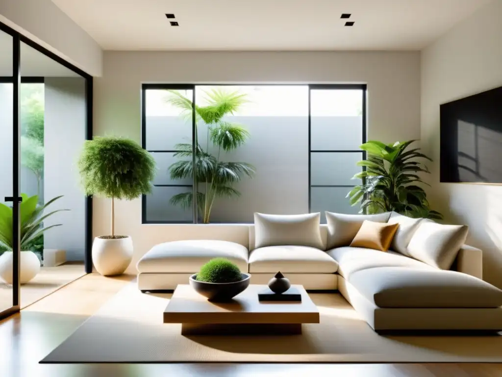 Un salón minimalista y sereno con luz natural y técnicas de acupuntura del espacio Feng Shui