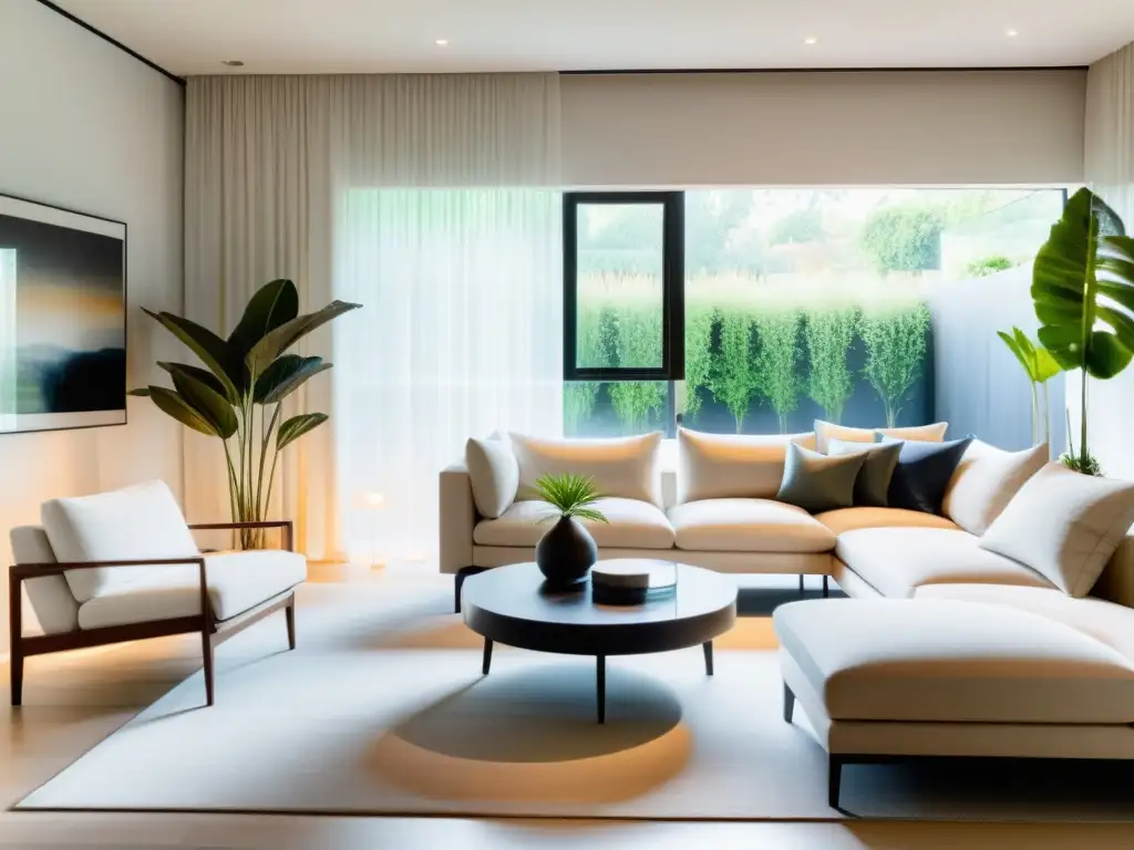 Salón minimalista sereno con luz natural y técnicas de feng shui para limpieza energética