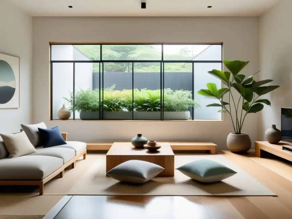 Serenidad y armonía: sala minimalista con influencia japonesa y Feng Shui Un salón minimalista y sereno con luz natural, muebles japoneses y plantas