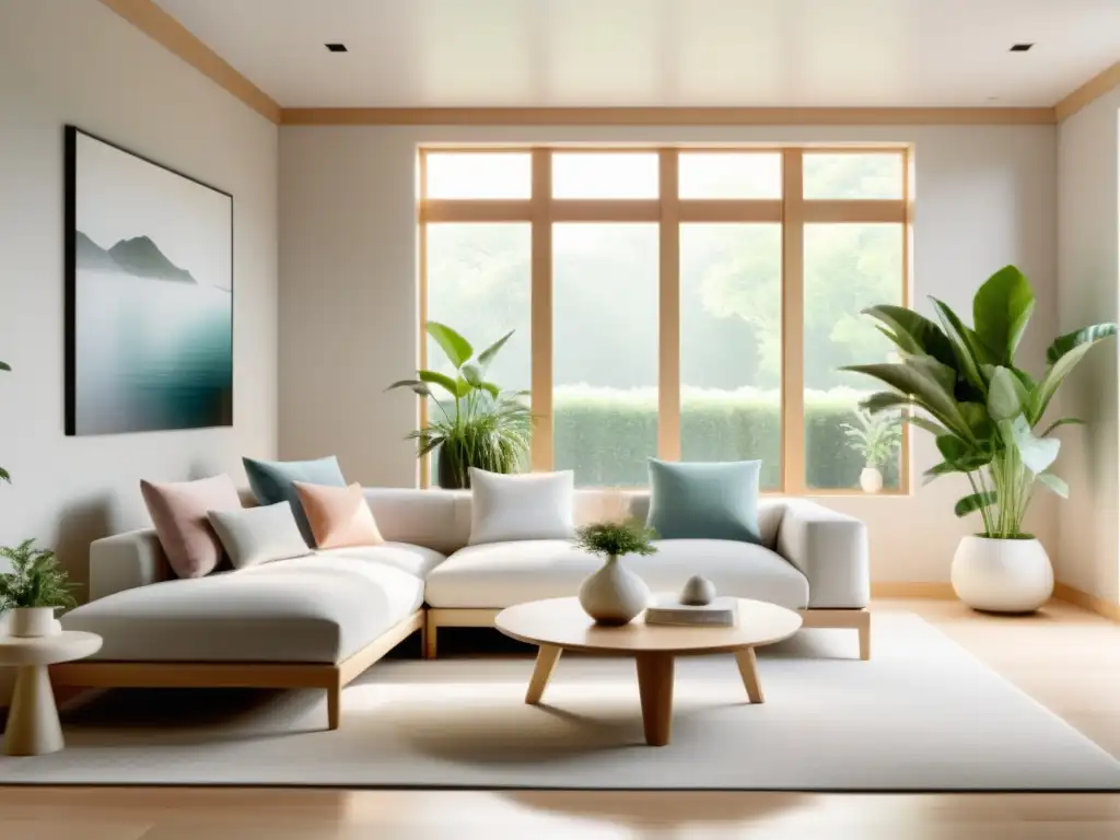 Serenidad en el salón: diseño minimalista conforme al Feng Shui Un salón minimalista y sereno con luz natural, mobiliario limpio según el Feng Shui