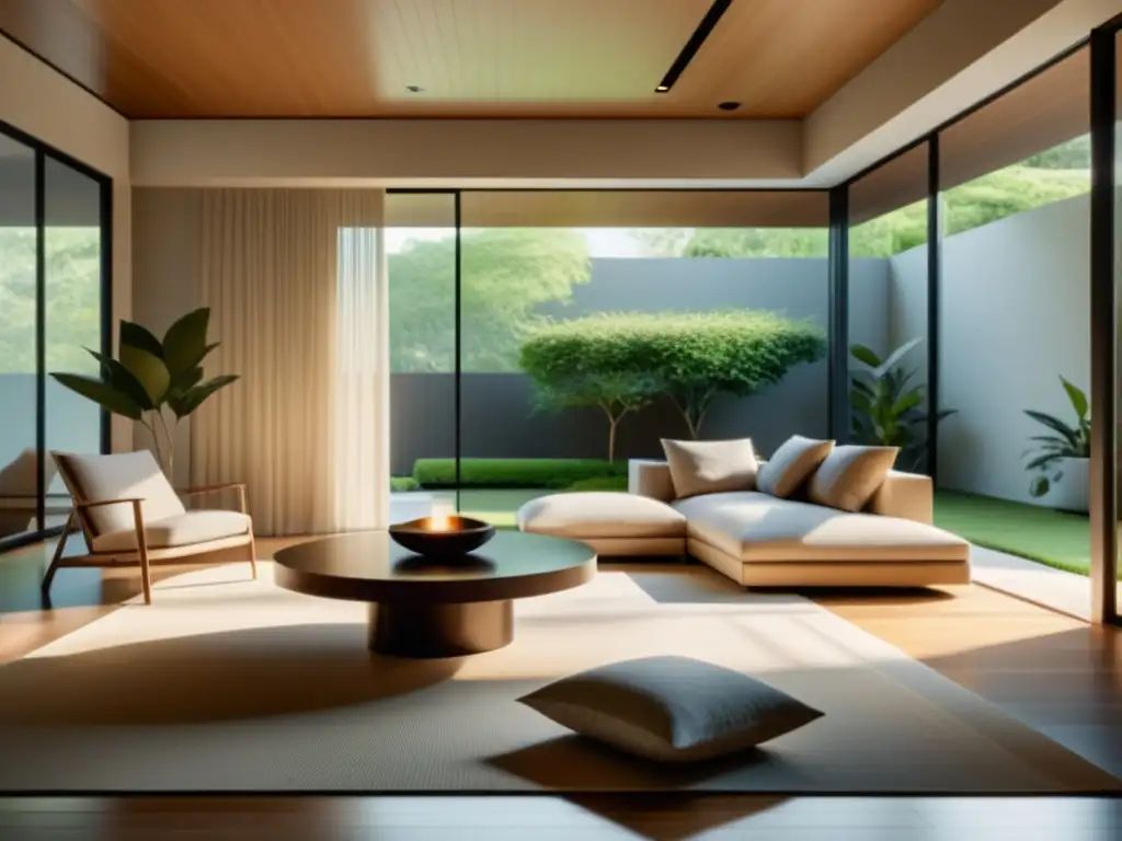 Un salón minimalista y sereno con luz natural, decoración armoniosa y un jardín zen al fondo, creando una atmosfera tranquila