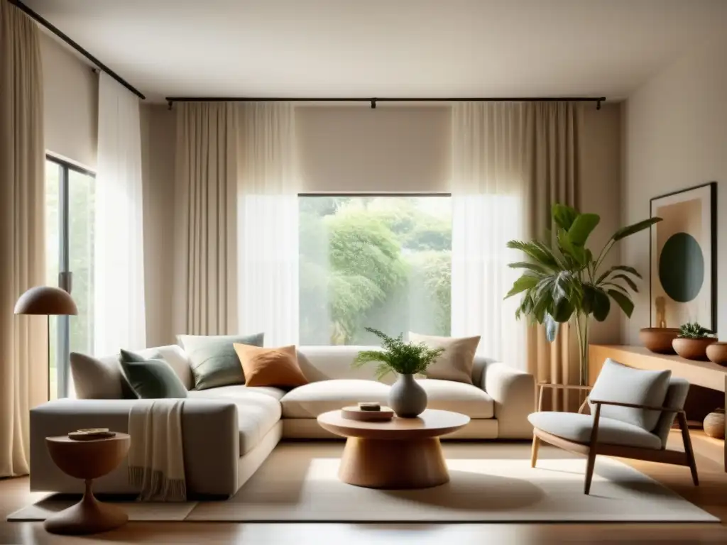 Un salón minimalista y sereno, con luz natural que fluye y armoniza, decorado con colores terrosos y líneas limpias, fluyendo con la energía del Feng Shui