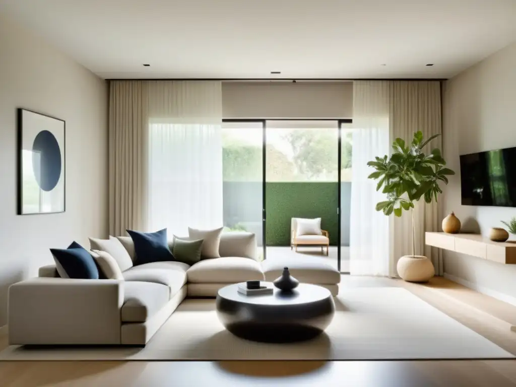 Un salón minimalista y sereno con mobiliario moderno según el Feng Shui moderno para armonía, inundado de luz natural y brisa suave