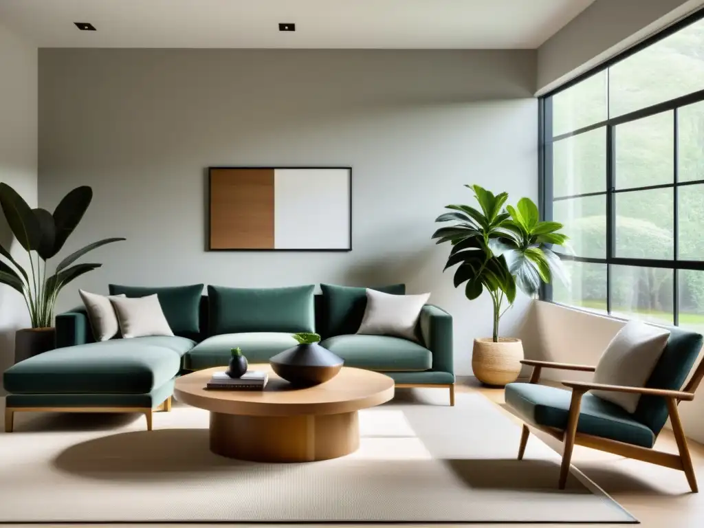 Salón minimalista con armonía y equilibrio en tonos tierra Un salón minimalista y sereno con muebles cuidadosamente dispuestos en tonos terrosos