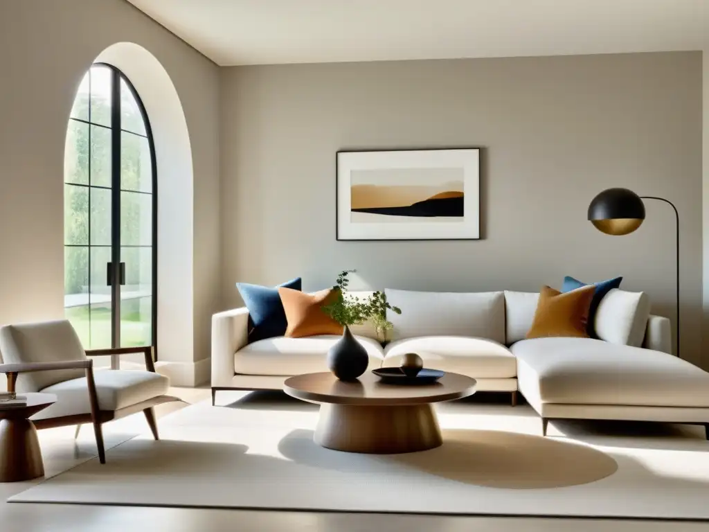 Salón minimalista y sereno con muebles alineados con Feng Shui