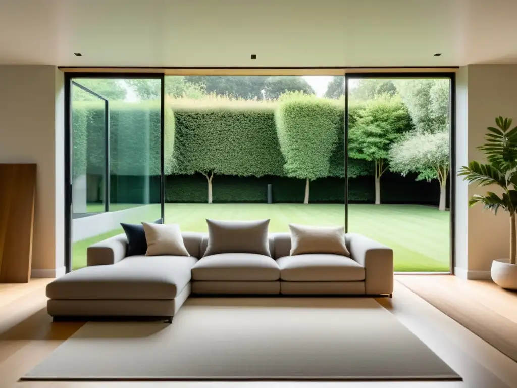 Un salón minimalista y sereno con muebles modernos, luz natural y conexión con la naturaleza