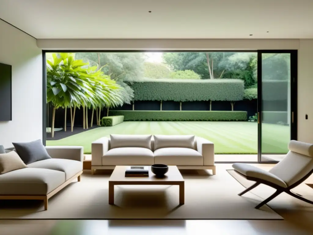 Un salón minimalista y sereno con muebles neutrales y mucha luz natural, evocando la organización del hogar con Feng Shui