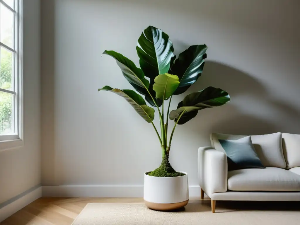 Un salón minimalista y sereno con una planta de hoja de violín en un elegante macetero blanco, potenciadora de energía Feng Shui