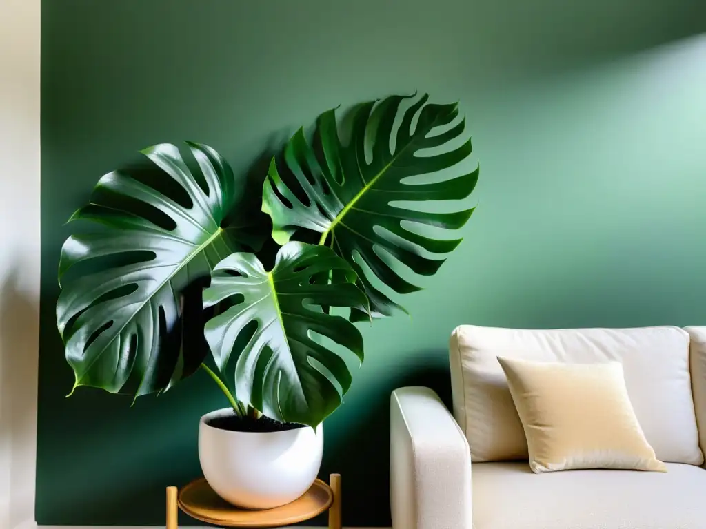 Un salón minimalista sereno con plantas purificadoras feng shui, creando un ambiente armonioso y tranquilo