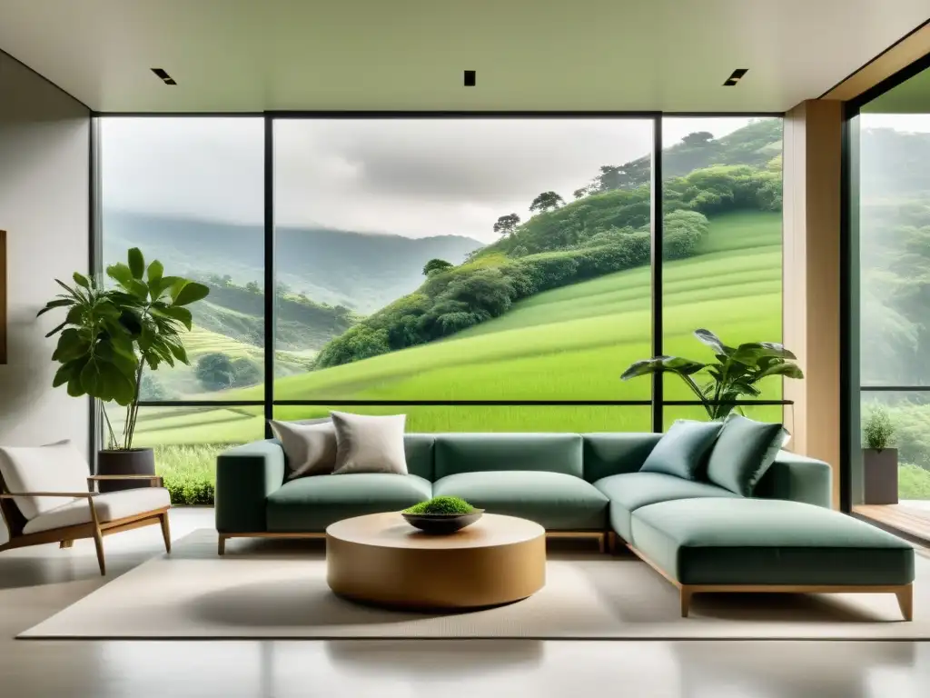 Un salón minimalista y sereno con Feng Shui sostenible para hogar, iluminado por luz natural y con vistas a un paisaje verde exuberante