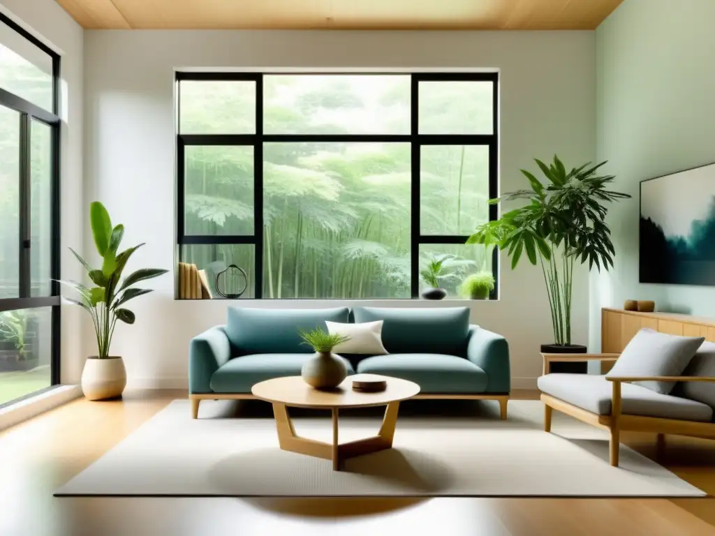 Salón minimalista y sereno con decoración sostenible según los principios del Feng Shui