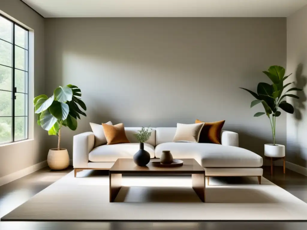 Un salón minimalista y sereno con técnicas de feng shui para hogar