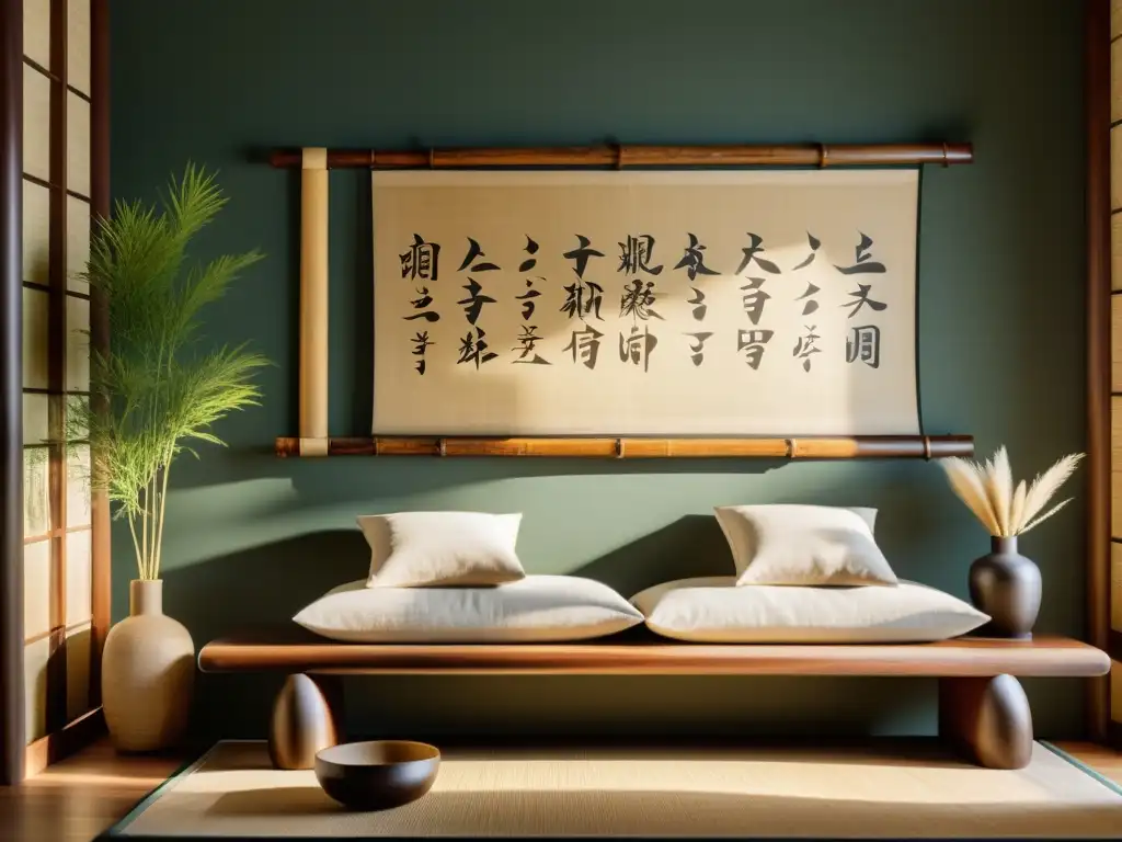 Un salón minimalista y sereno con textos antiguos de Feng Shui para armonización, iluminado por luz natural a través de grandes ventanas