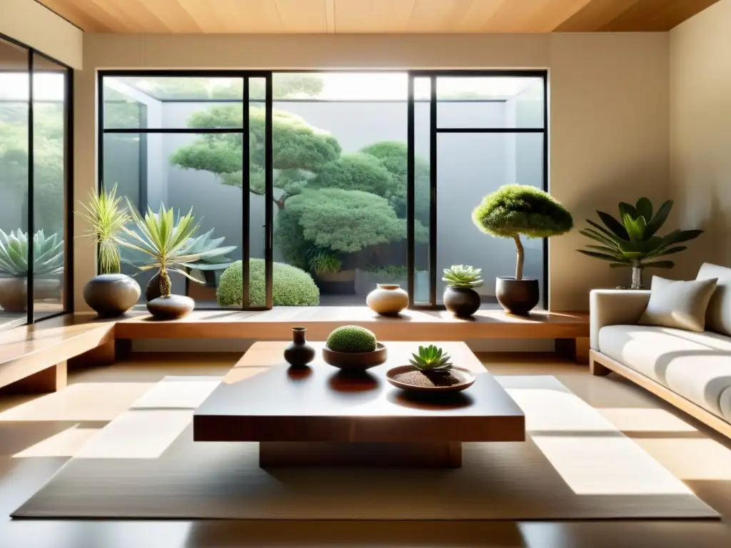 Un salón minimalista y sereno con tonos naturales, aplicando Feng Shui en EcoDiseño del Hogar