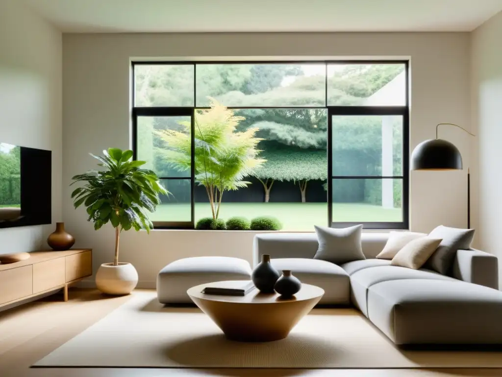 Un salón minimalista y sereno con vista a un jardín tranquilo