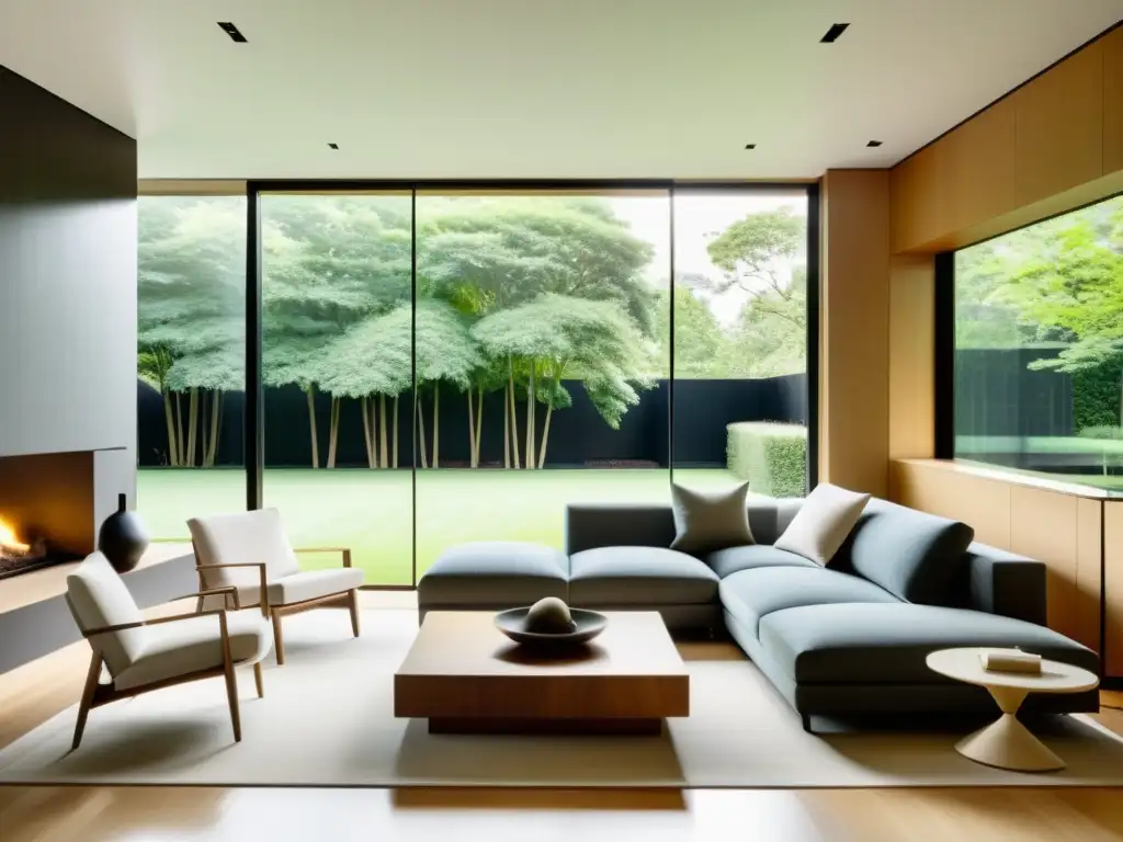 Un salón minimalista y sereno con vistas a un jardín tranquilo, integrando el Feng Shui en diseño resiliente para crear armonía y equilibrio