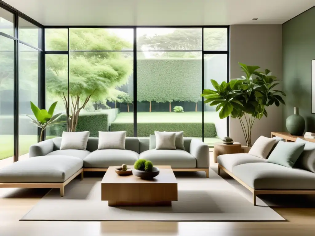 Un salón minimalista y sereno con vistas a un jardín, equilibrado según Feng Shui en espacios sostenibles, con luz natural y armonía