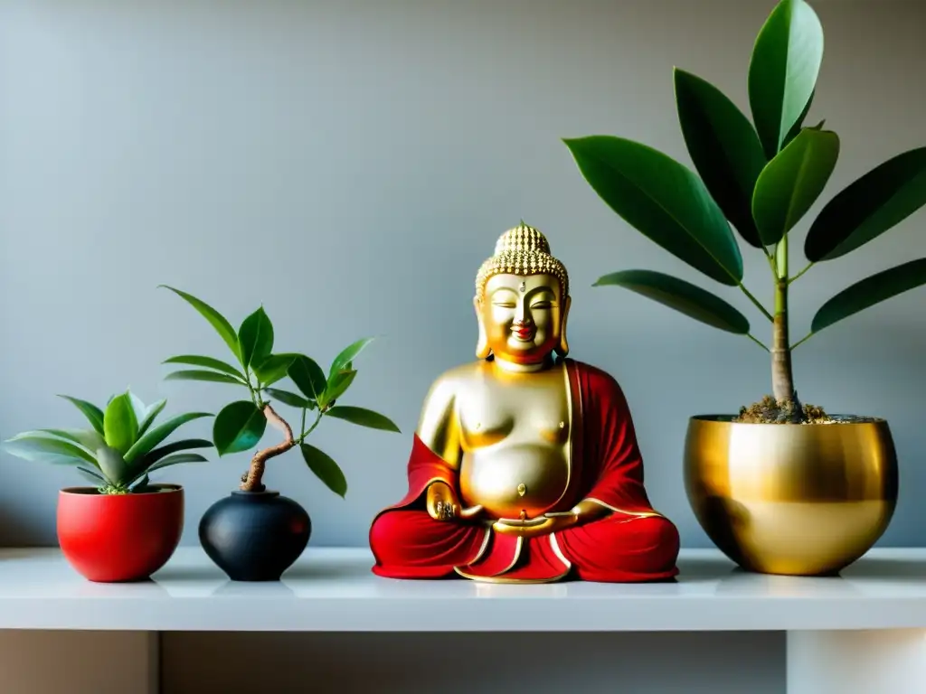 Un salón minimalista con simbología Feng Shui para buena suerte, como el Buda de la risa, planta del dinero y símbolo de prosperidad rojo y dorado