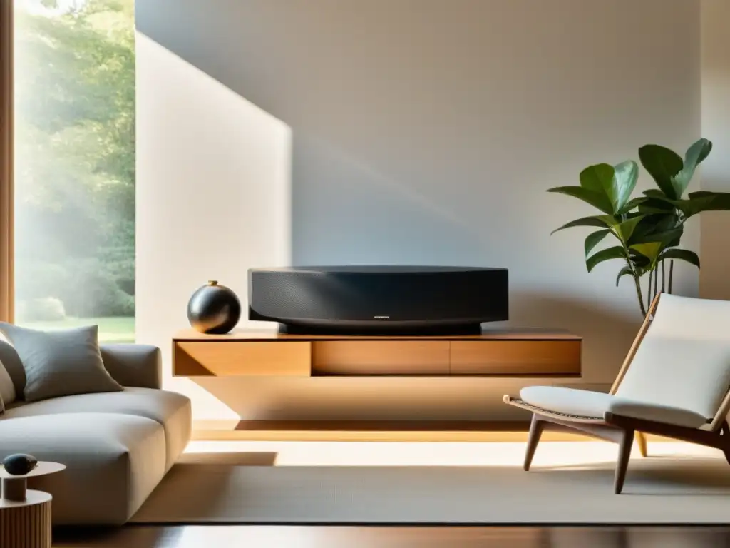 Un salón minimalista con sistema de audio Feng Shui, luz natural y materiales neutros