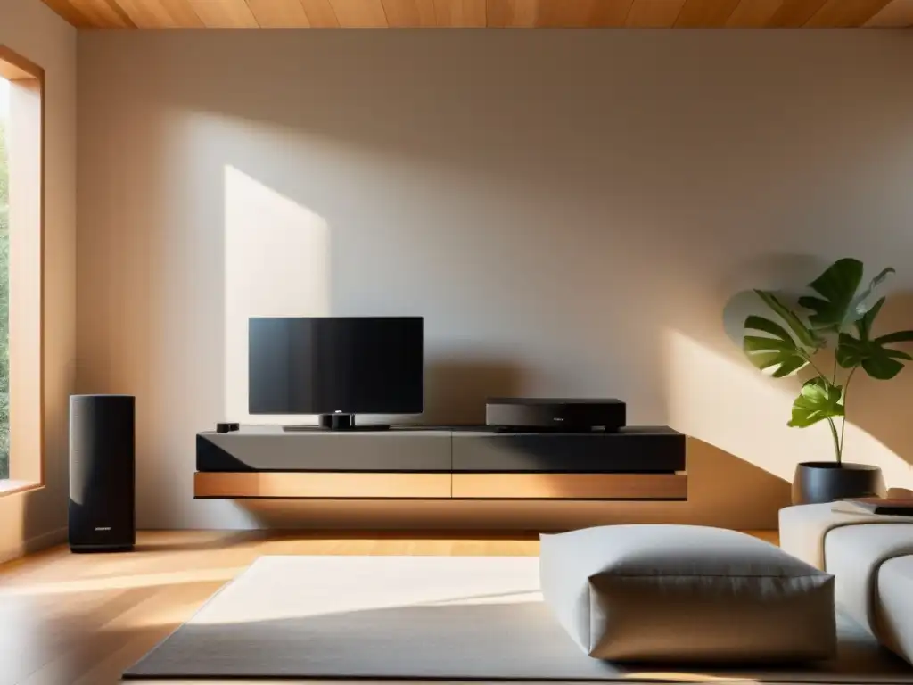 Salón minimalista con sistema de audio negro integrando principios Feng Shui