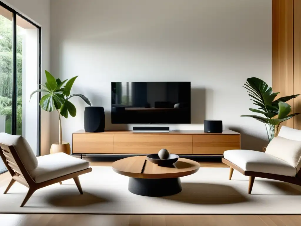 Un salón minimalista con decoración Feng Shui y sistemas de audio cuidadosamente dispuestos, lleno de luz natural y armonía