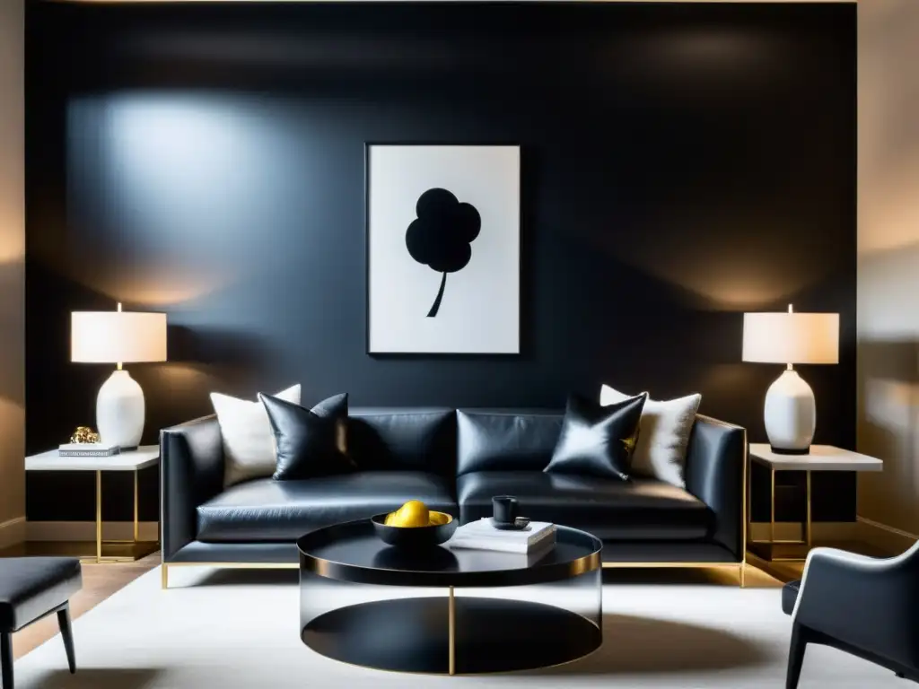 Sofisticada sala minimalista con sofá de cuero negro y elegante decoración Un salón minimalista con sofá de cuero negro y pared de acento, bañado en cálida luz, refleja la elegancia del negro en decoración