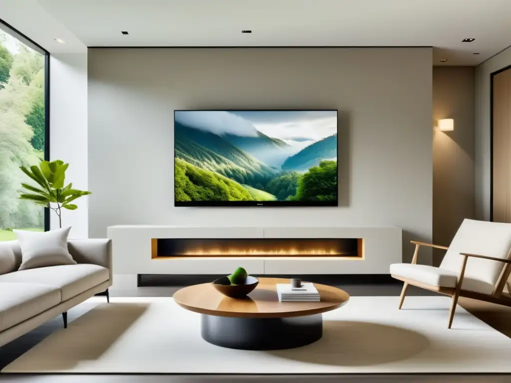 Salón minimalista con Soluciones Feng Shui para ocultar aparatos tecnológicos, TV integrada en una pared de arte