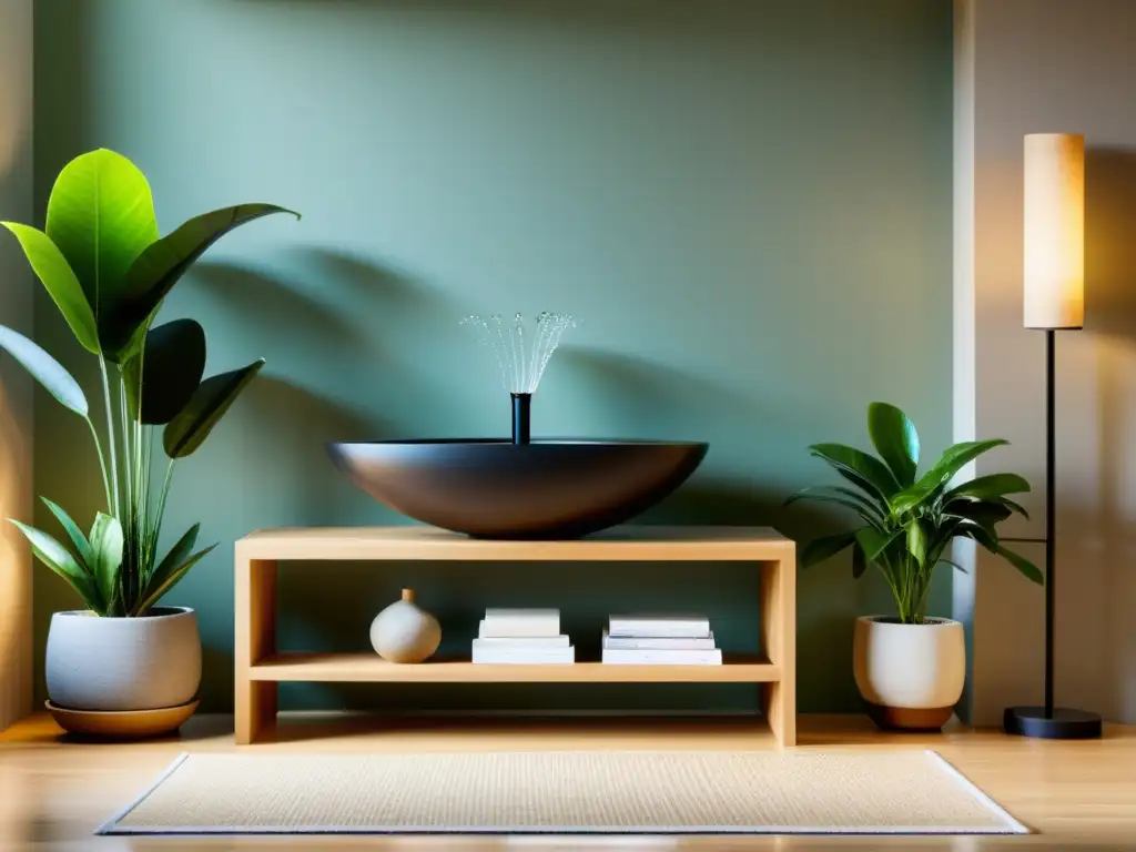 Un salón minimalista con armonía Feng Shui, música y sonido integrados en la decoración, creando un ambiente equilibrado y acogedor