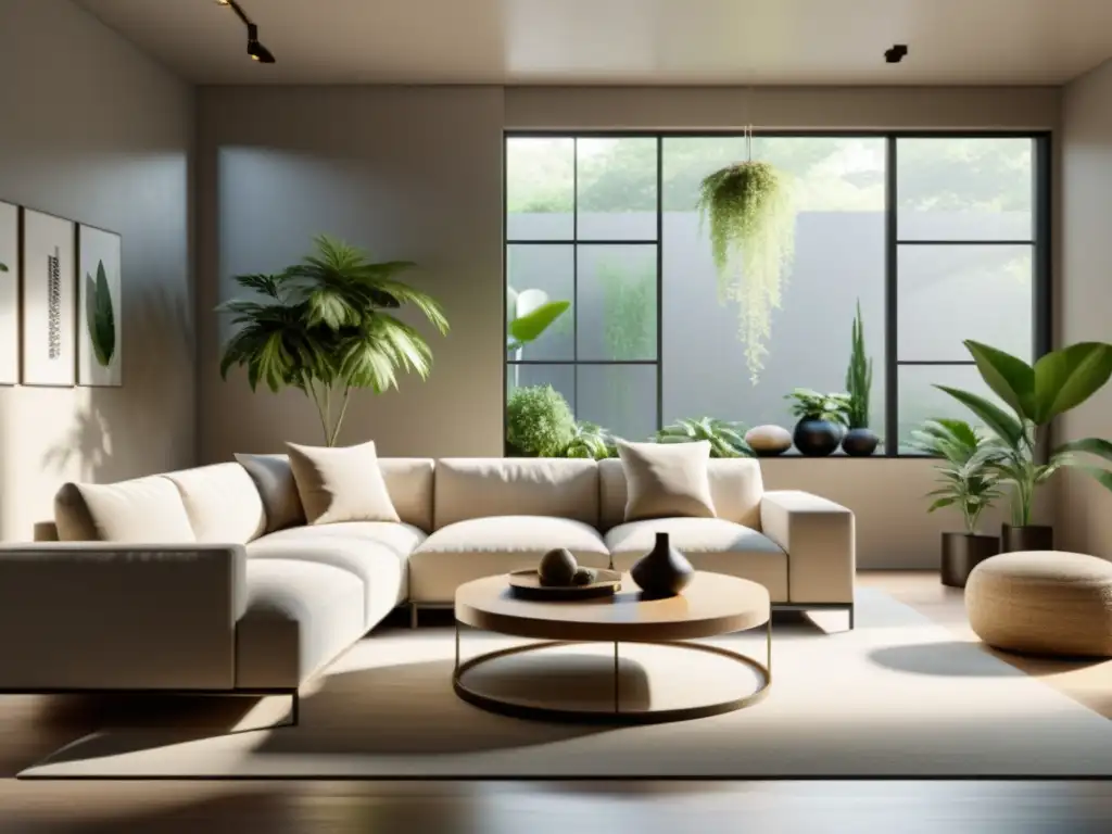 Salón minimalista con Feng Shui para armonía sostenible: equilibrio y serenidad con luz natural y decoración en tonos tierra