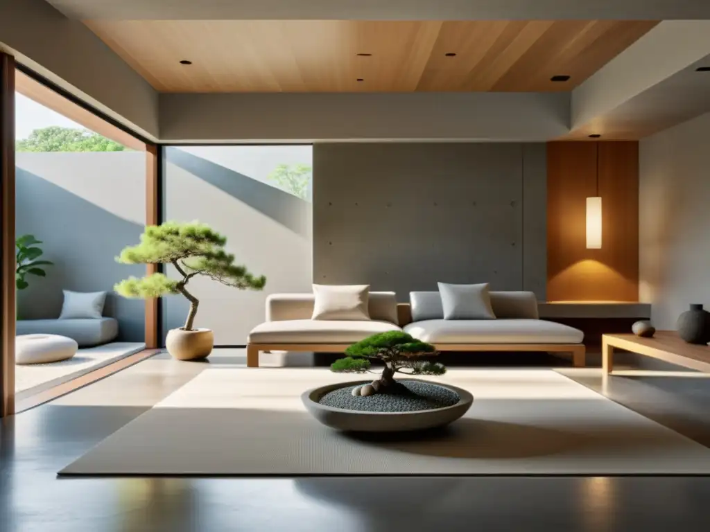 Salón minimalista con suelo de concreto pulido, jardín zen y luz natural, equilibrio entre innovación y principios de feng shui