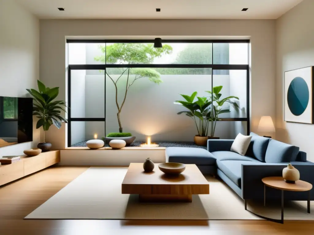 Un salón minimalista con técnicas ancestrales Feng Shui hogar, muebles balanceados, materiales naturales y tonos terrosos