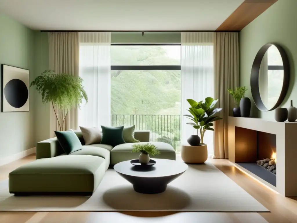 Salón minimalista con técnicas Feng Shui dinámico para el hogar, lleno de serenidad y armonía