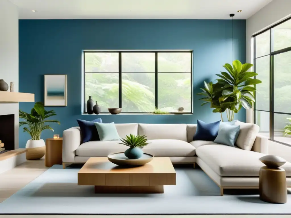 Salón minimalista con técnicas de feng shui para limpieza energética, luz natural y armonía en azules y verdes calmantes