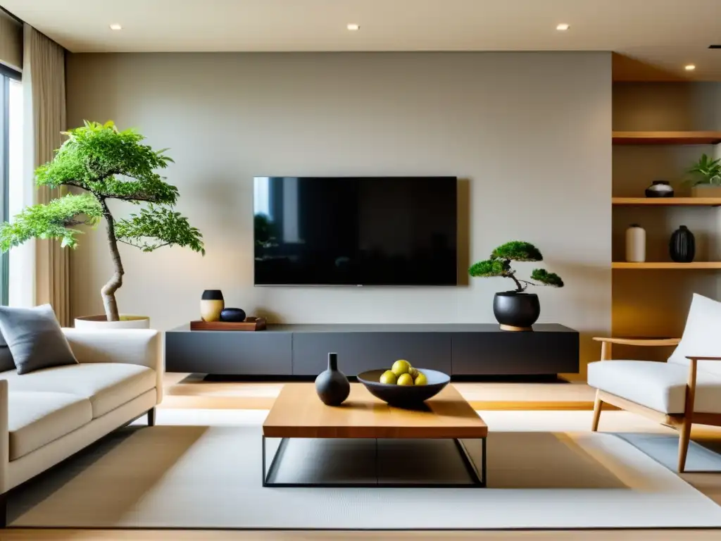 Salón minimalista con tecnología y elementos Feng Shui