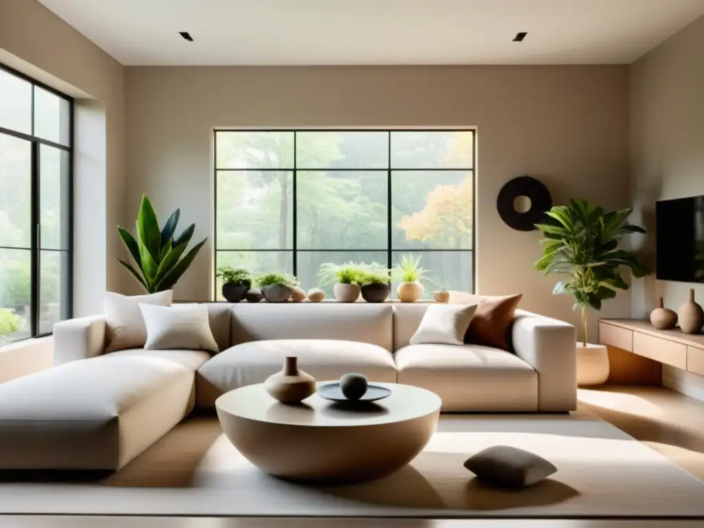 Salón minimalista en tonos tierra con decoración en armonía con la Psicología del Feng Shui en Decoración, promoviendo calma y equilibrio