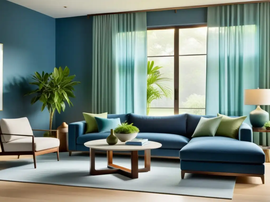 Salón minimalista en tonos relajantes de azul y verde, con toques cálidos para equilibrio y tranquilidad