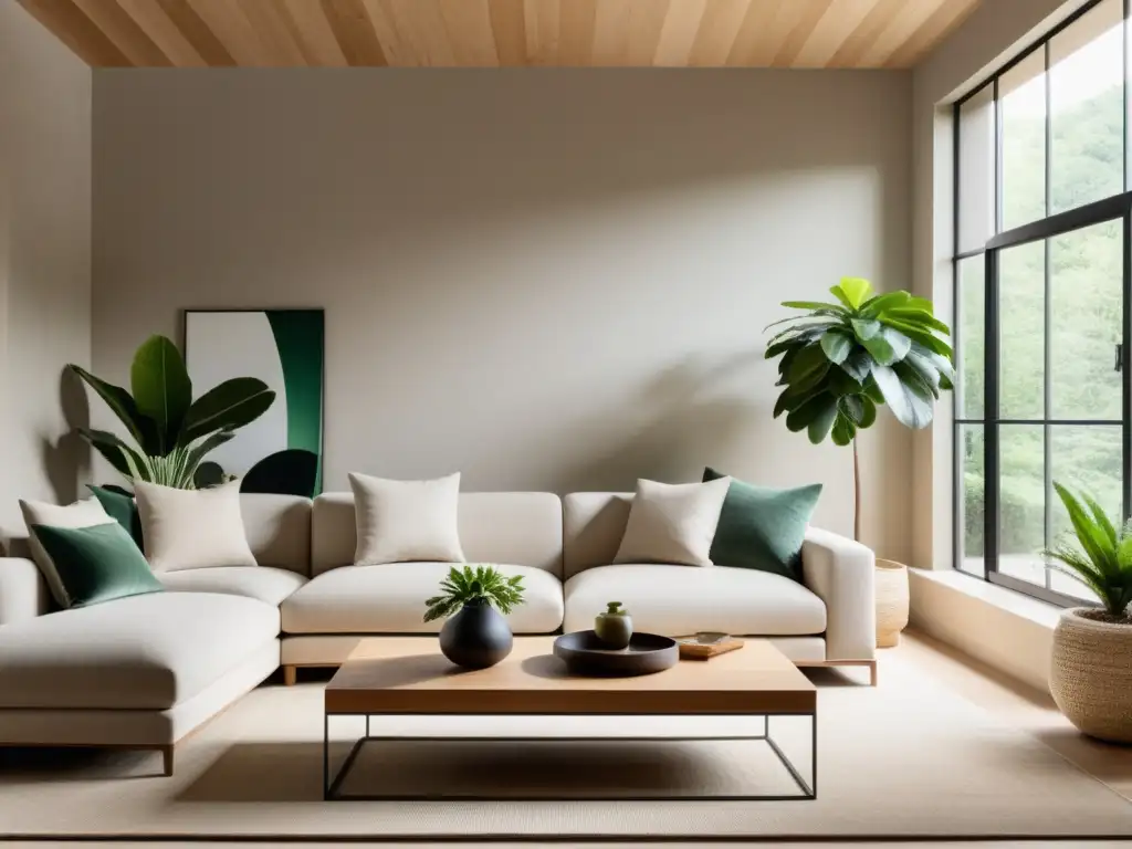 Salón minimalista con tonos terrosos, elementos naturales y armonía Feng Shui elemento tierra